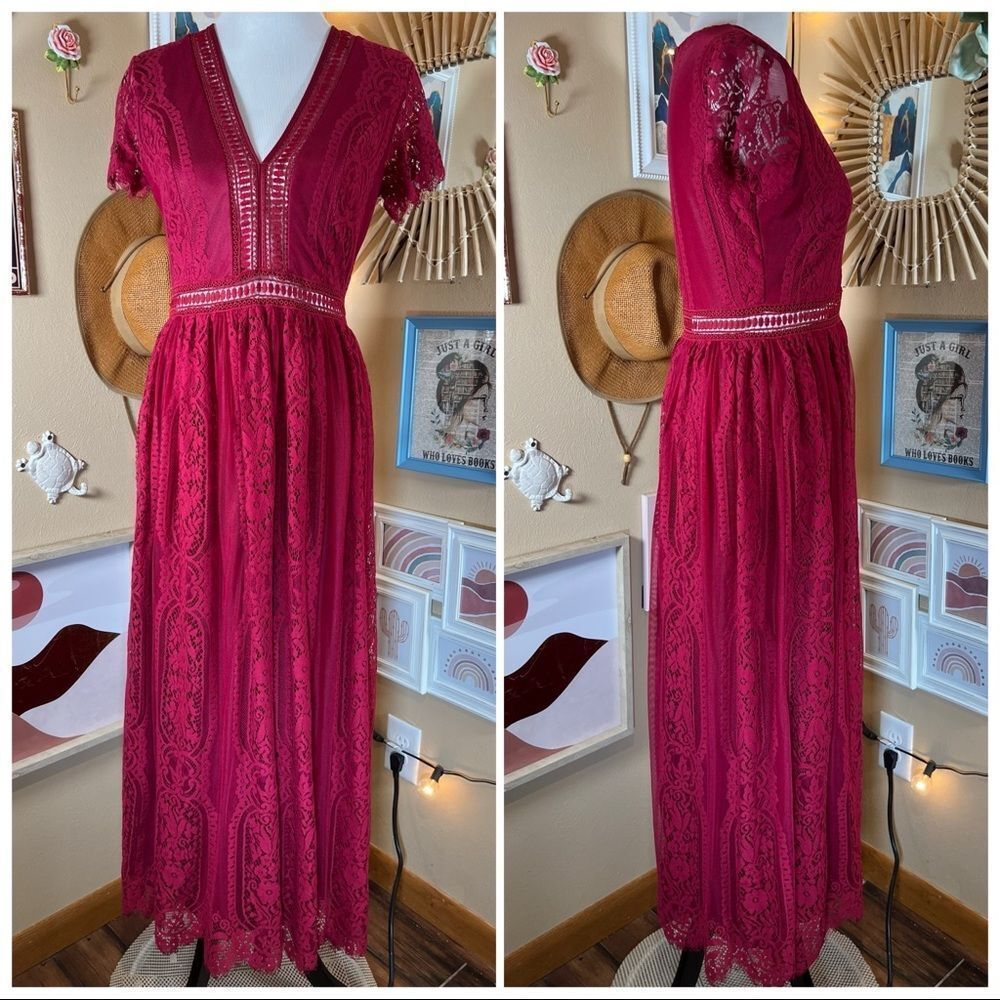 Burgundy Fill Your Heart Lace Maxi Dress - Small